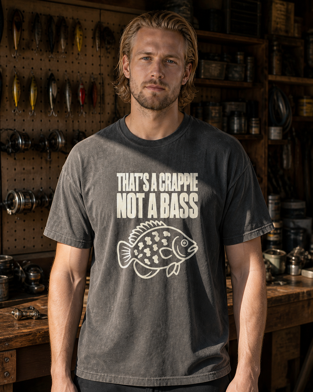 That's a Crappie, Not a Bass washed tee — washed black, worn, front