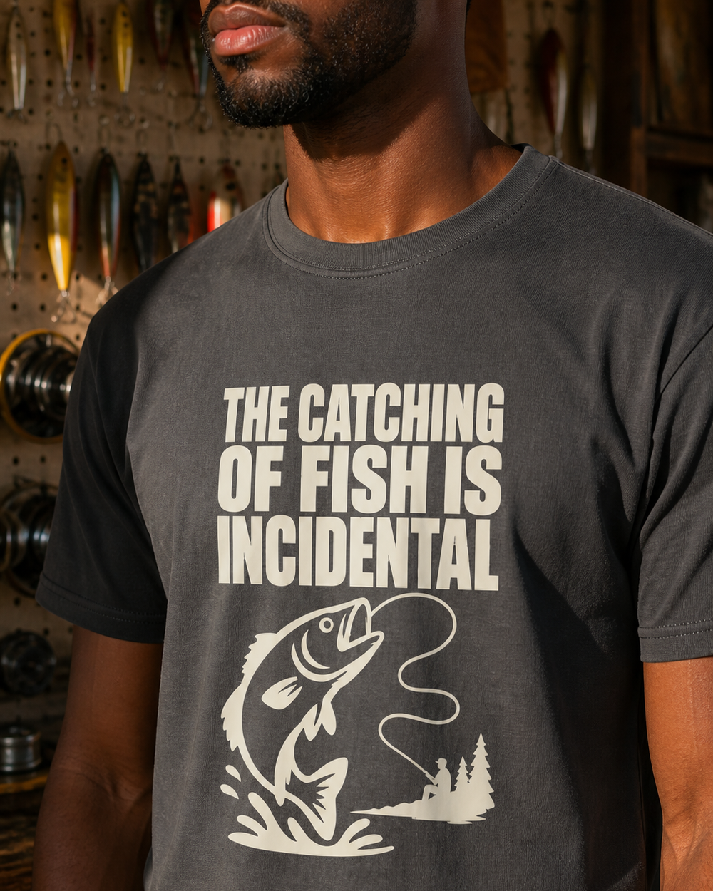 The Catching of Fish Is Incidental tee — charcoal, worn, side