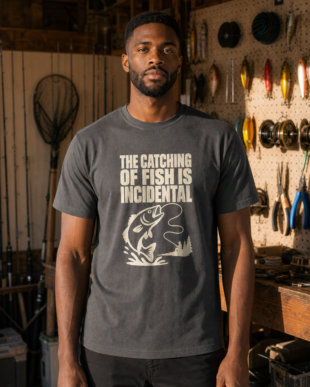 The Catching of Fish Is Incidental tee — charcoal, worn, front