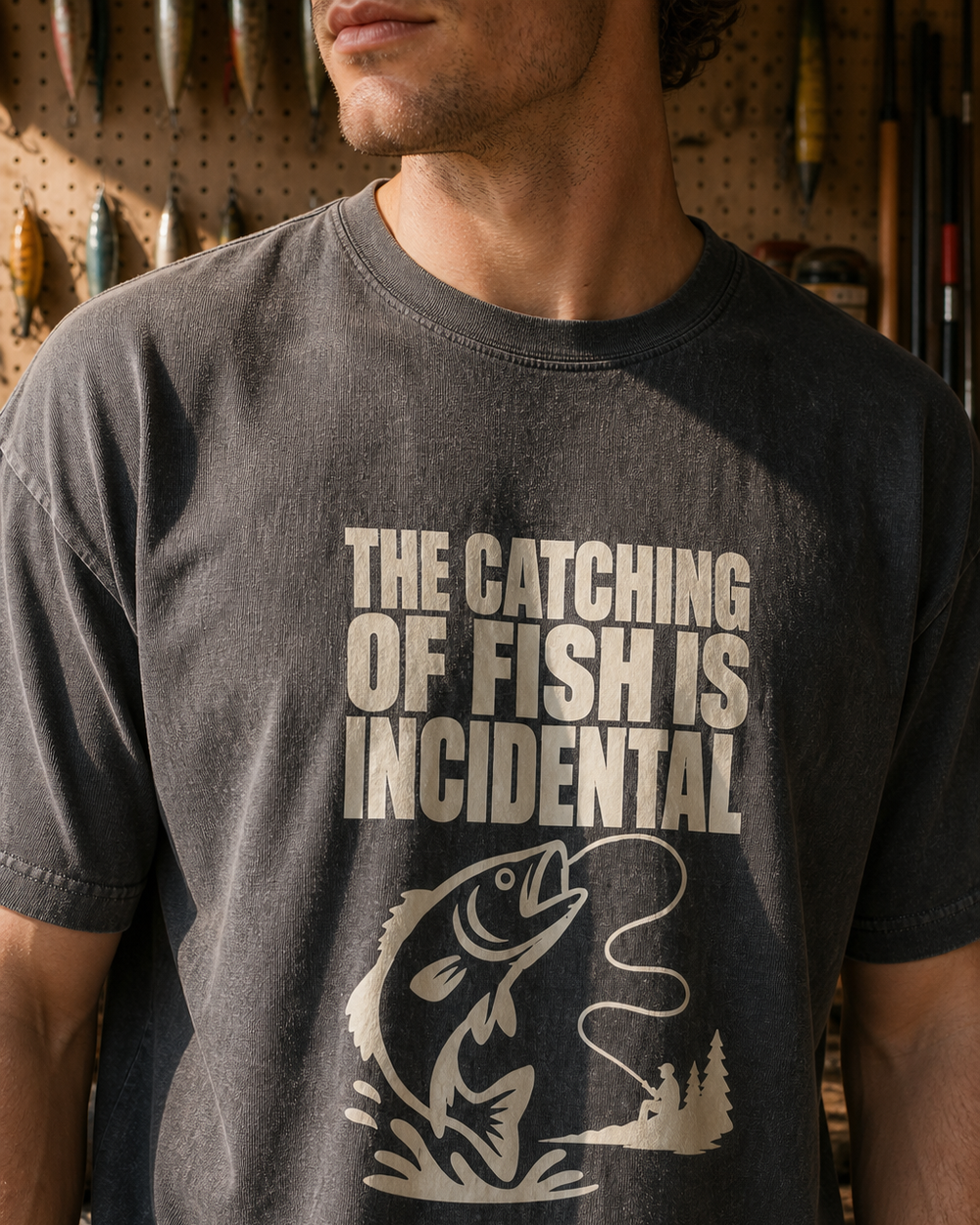 The Catching of Fish Is Incidental washed tee — washed black, worn, side