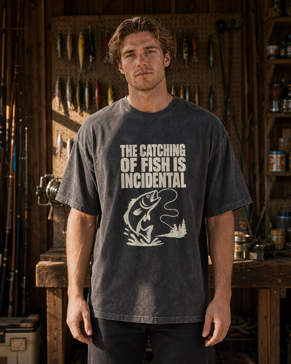 The Catching of Fish Is Incidental washed tee — washed black, worn, front