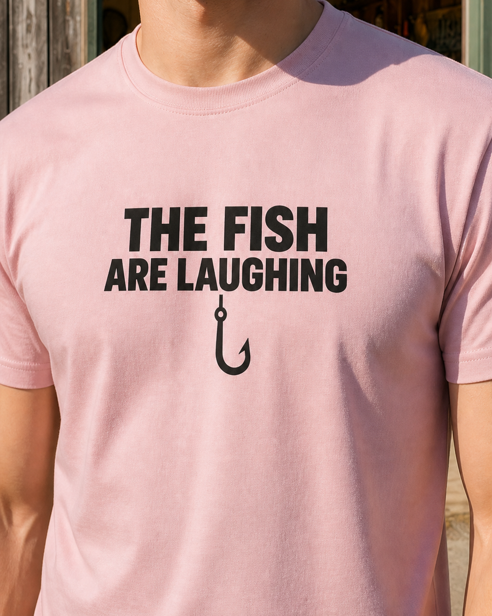 The Fish Are Laughing Bold tee — worn, side