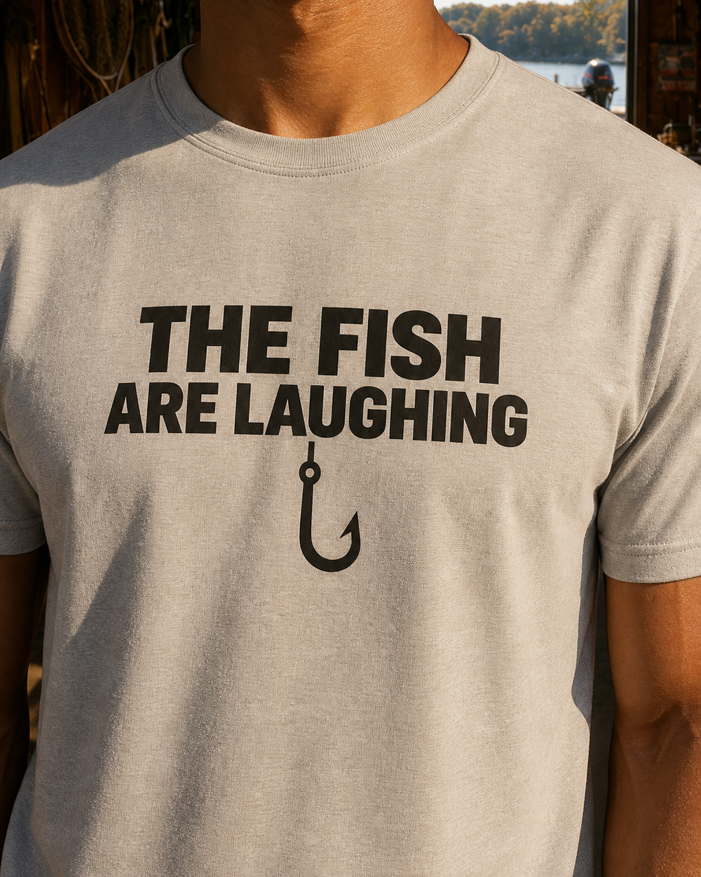 The Fish Are Laughing Bold tee — sports grey, worn, side