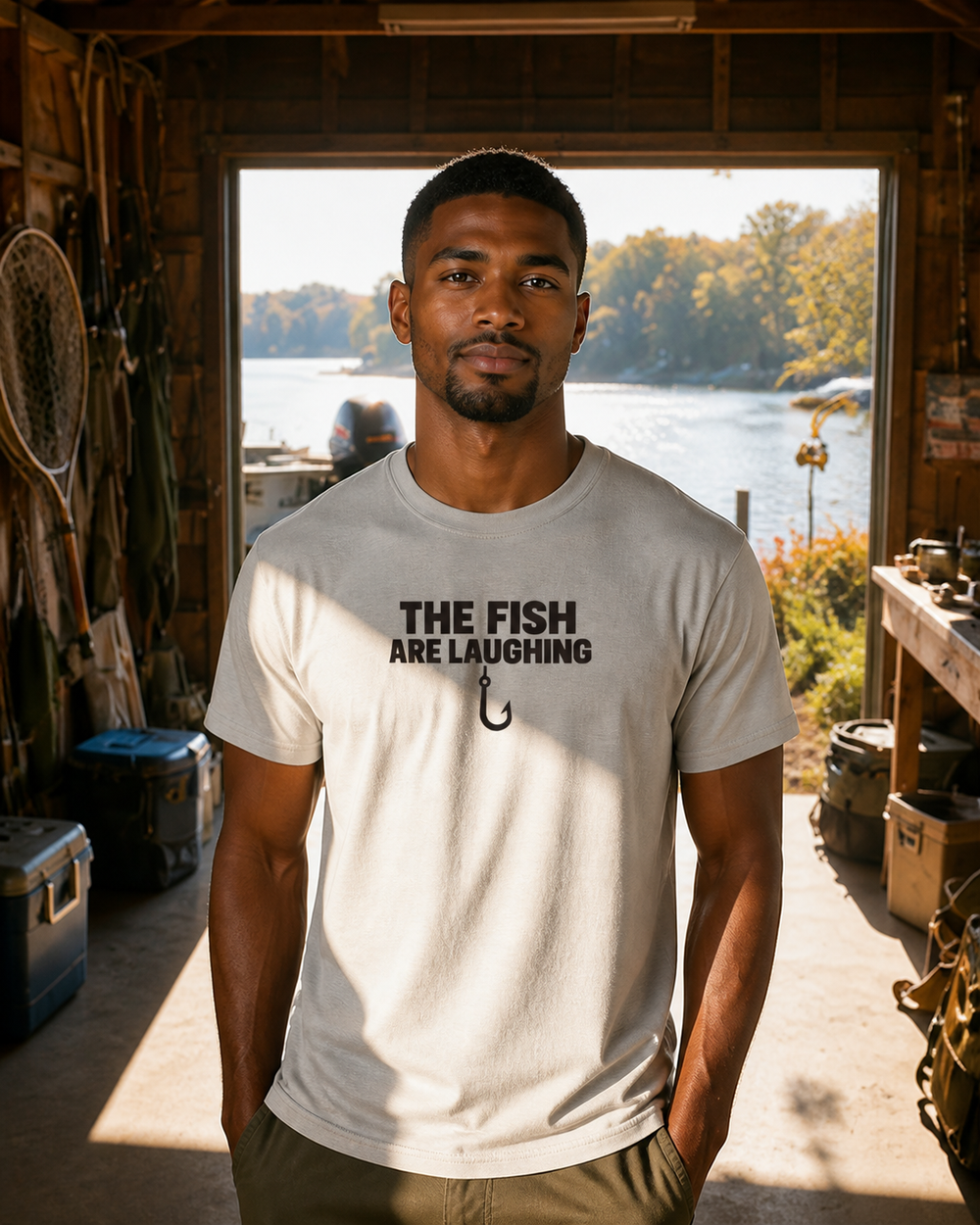 The Fish Are Laughing Bold tee — sports grey, worn, front