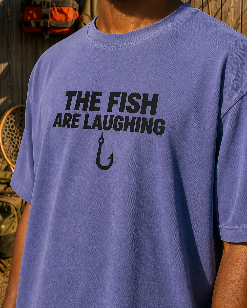 The Fish Are Laughing Bold washed tee — washed blue, worn, side