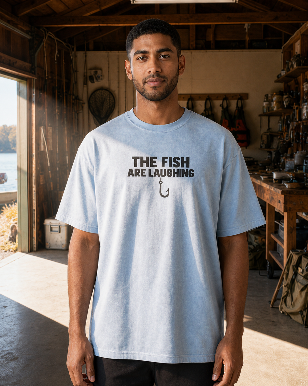 The Fish Are Laughing Bold washed tee — washed light blue, worn, front