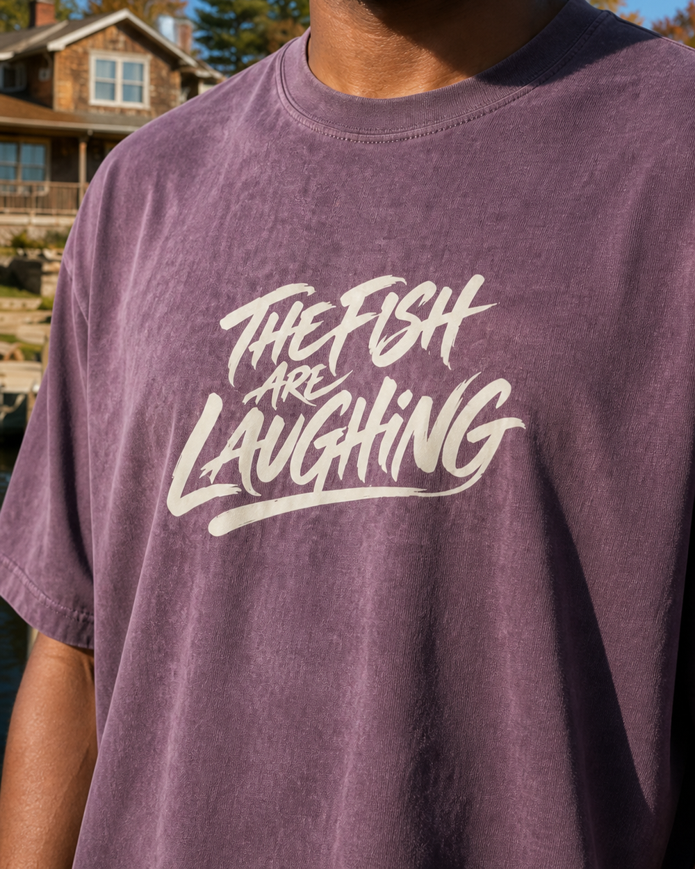 The Fish Are Laughing washed tee — washed violet, worn, side