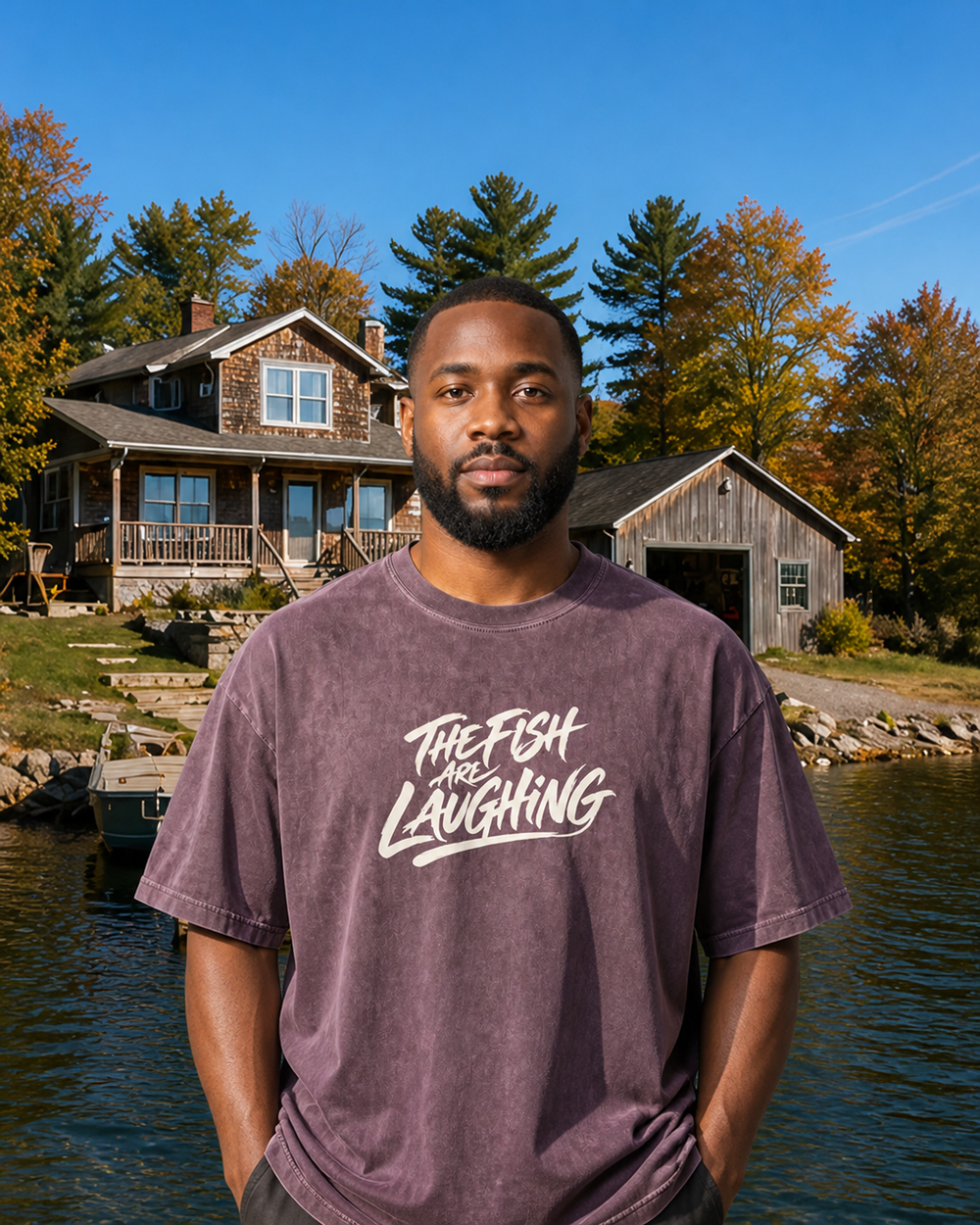 The Fish Are Laughing washed tee — washed violet, worn, front
