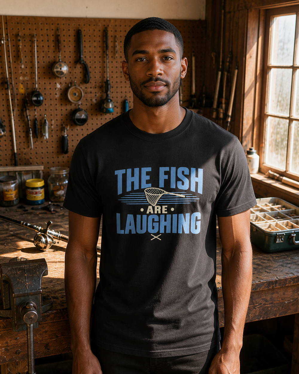 The Fish Are Laughing Two Tone tee — black, worn, front