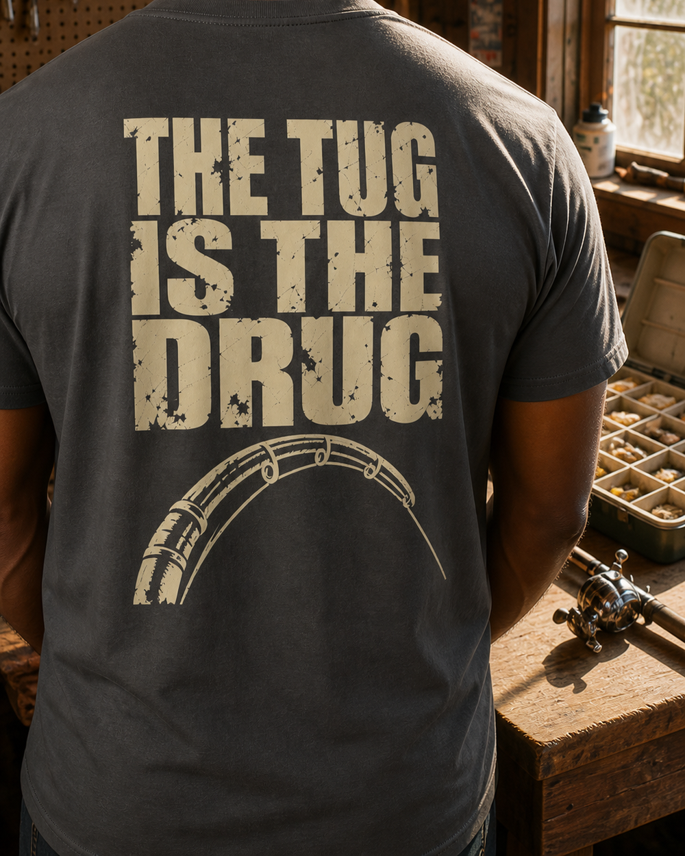 The Tug Is The Drug — Back Print tee — charcoal, worn, back