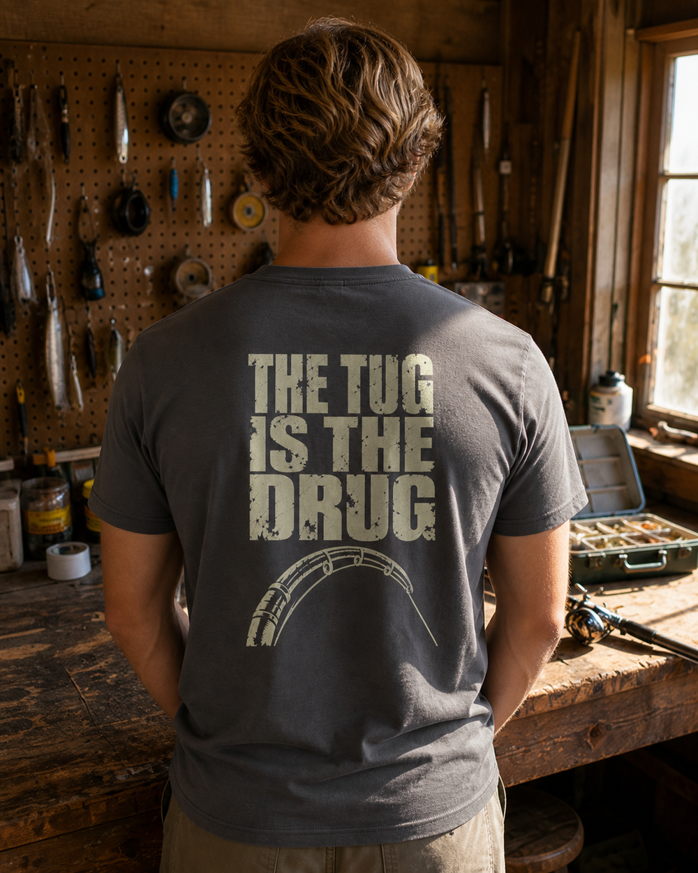 The Tug Is The Drug — Back Print tee — charcoal, worn, back