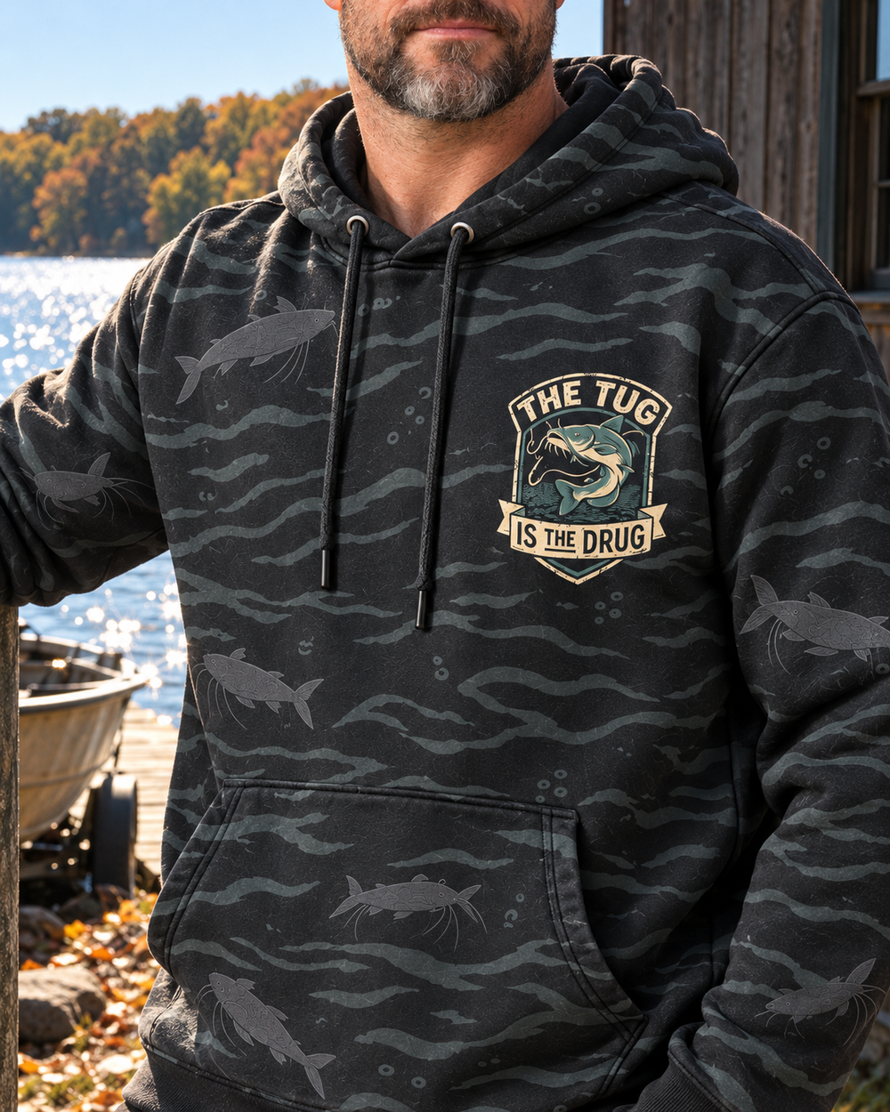 The Tug Is The Drug — Catfish Shield All-Over Print Hoodie — model angle