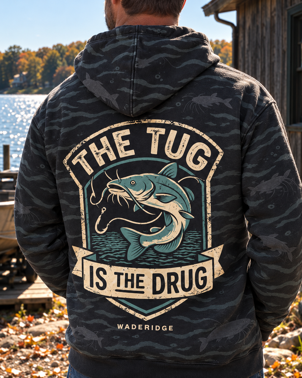 The Tug Is The Drug — Catfish Shield All-Over Print Hoodie — model back angle