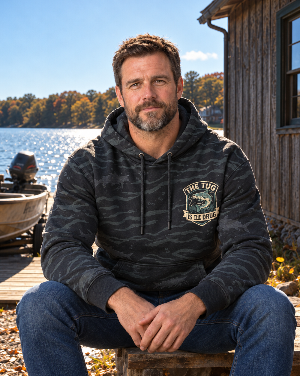 The Tug Is The Drug — Catfish Shield All-Over Print Hoodie — model front