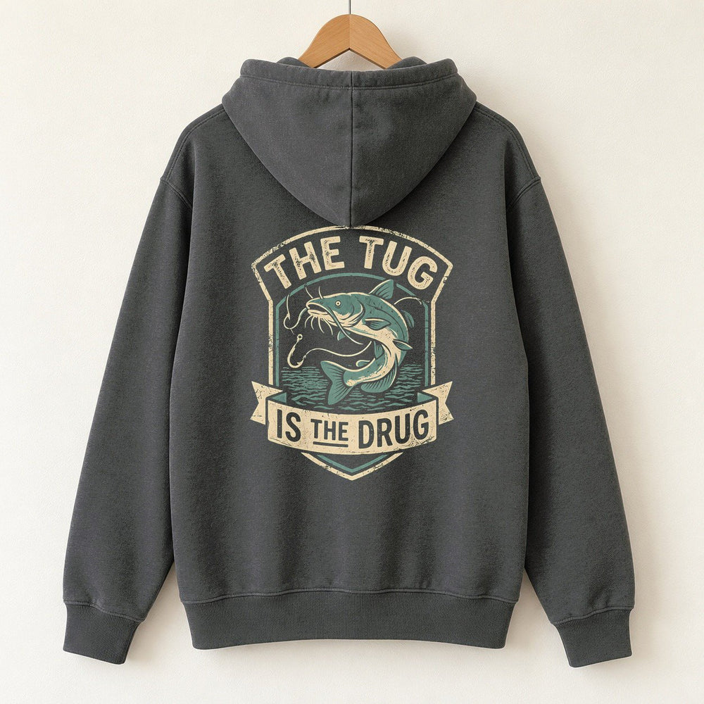 The Tug Is The Drug — Catfish Shield Hoodie — Charcoal — back print