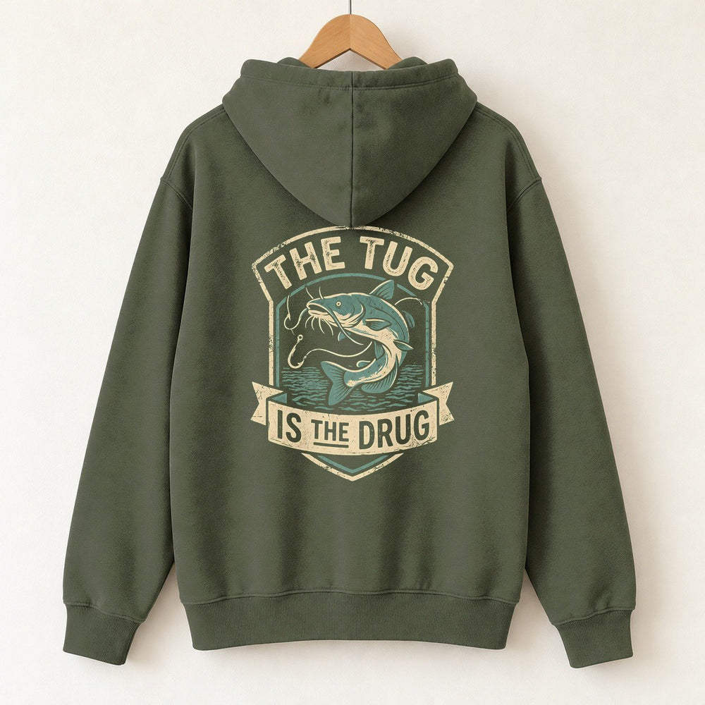 The Tug Is The Drug — Catfish Shield Hoodie — Military Green — back print