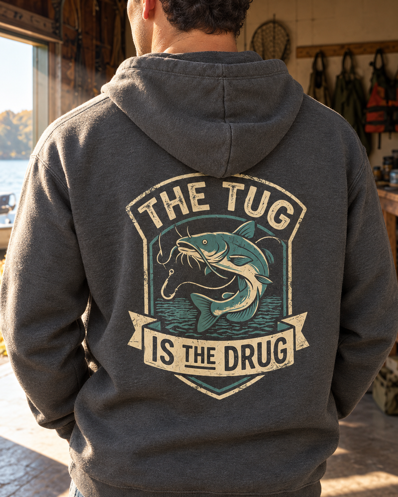 The Tug Is The Drug — Catfish Shield Hoodie — Charcoal — model back close-up