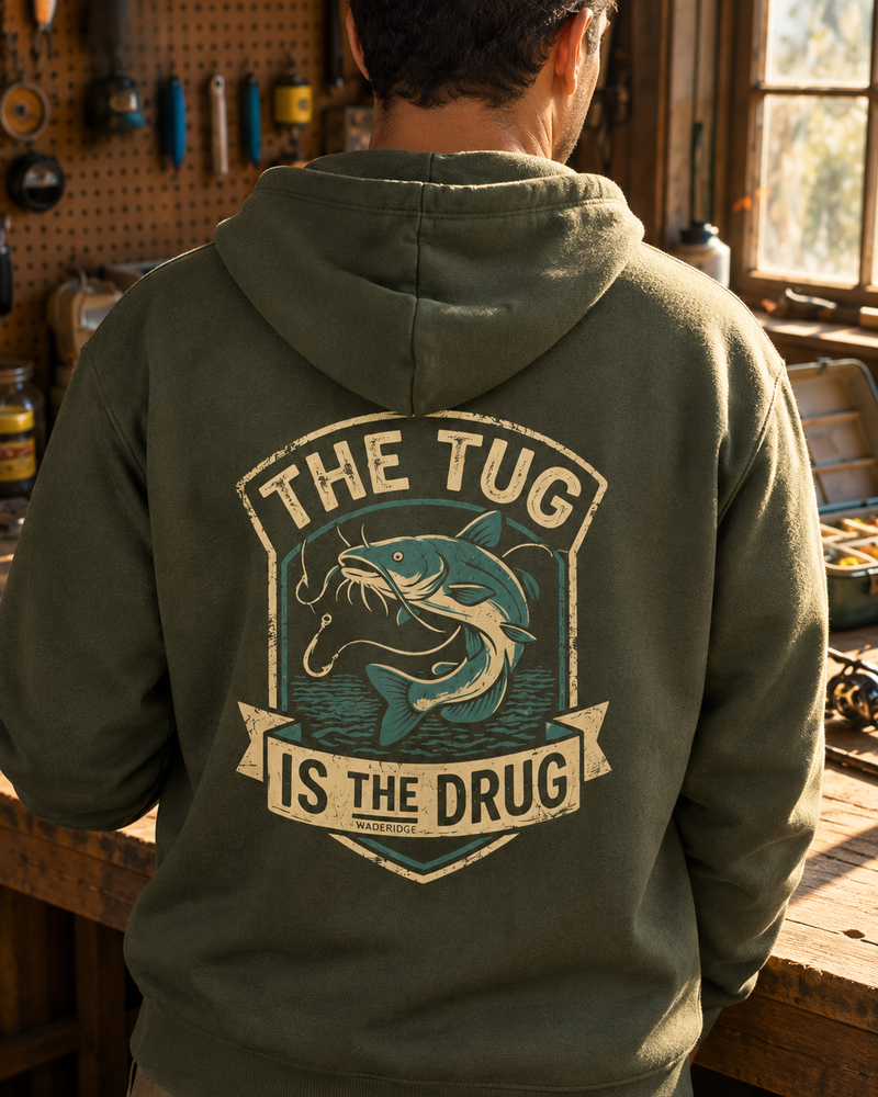 The Tug Is The Drug — Catfish Shield Hoodie — Military Green — model back close-up
