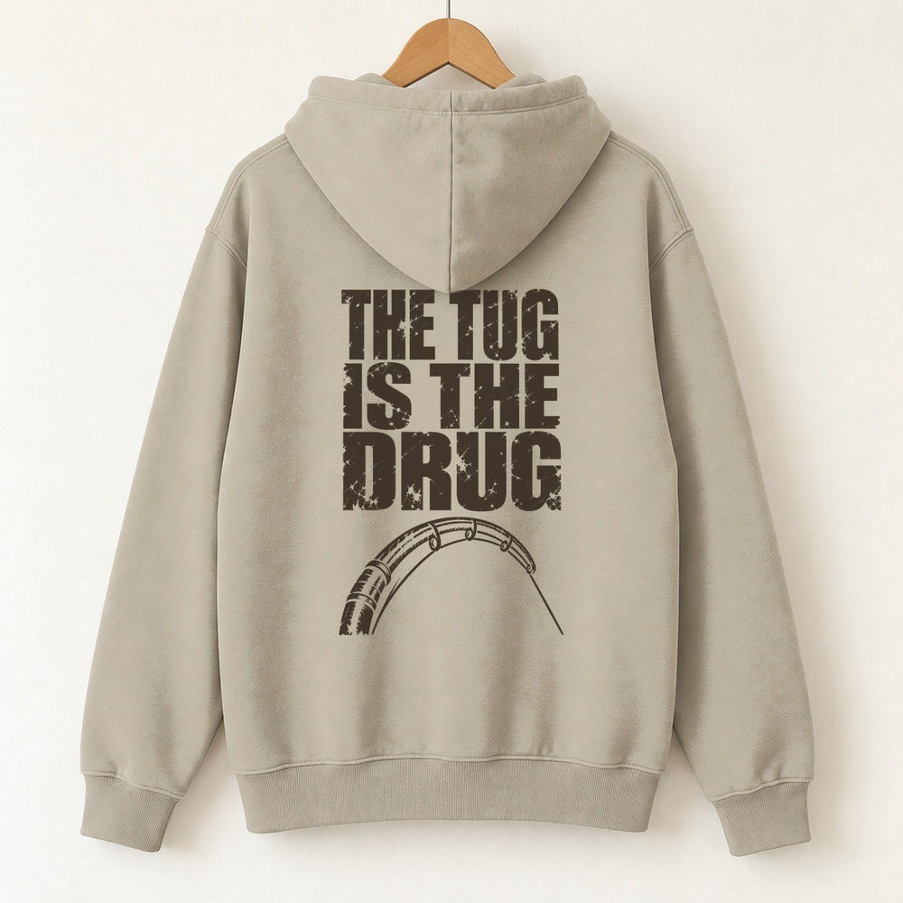 The Tug Is The Drug — Original Hoodie — Sand — back print