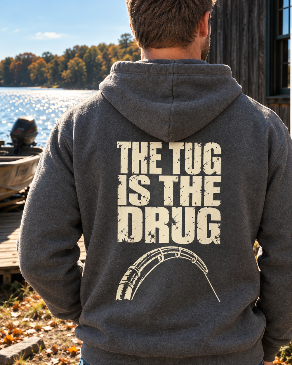 The Tug Is The Drug — Original Hoodie — Charcoal — model back close-up