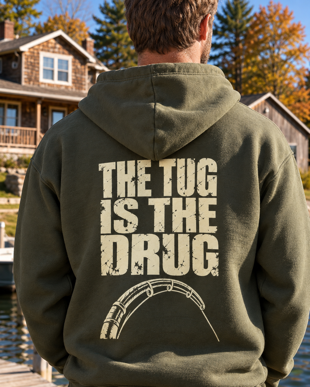 The Tug Is The Drug — Original Hoodie — Military Green — model back close-up