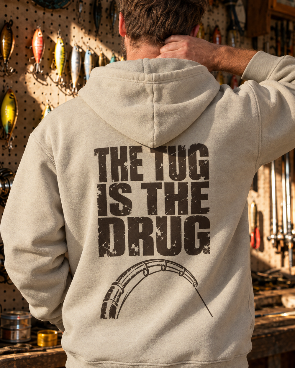 The Tug Is The Drug — Original Hoodie — Sand — model back close-up