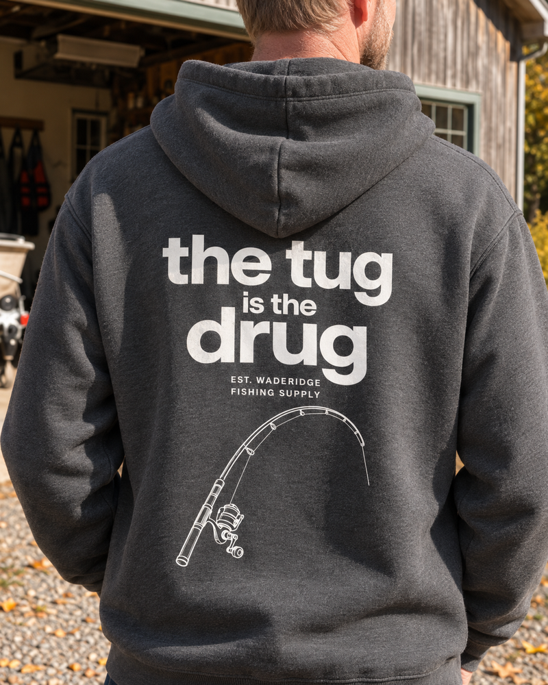 The Tug Is The Drug — Quiet Line Hoodie — Charcoal — model back close-up