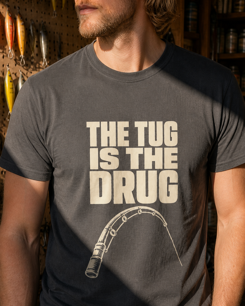 The Tug Is the Drug (Clean) tee — charcoal, worn, side