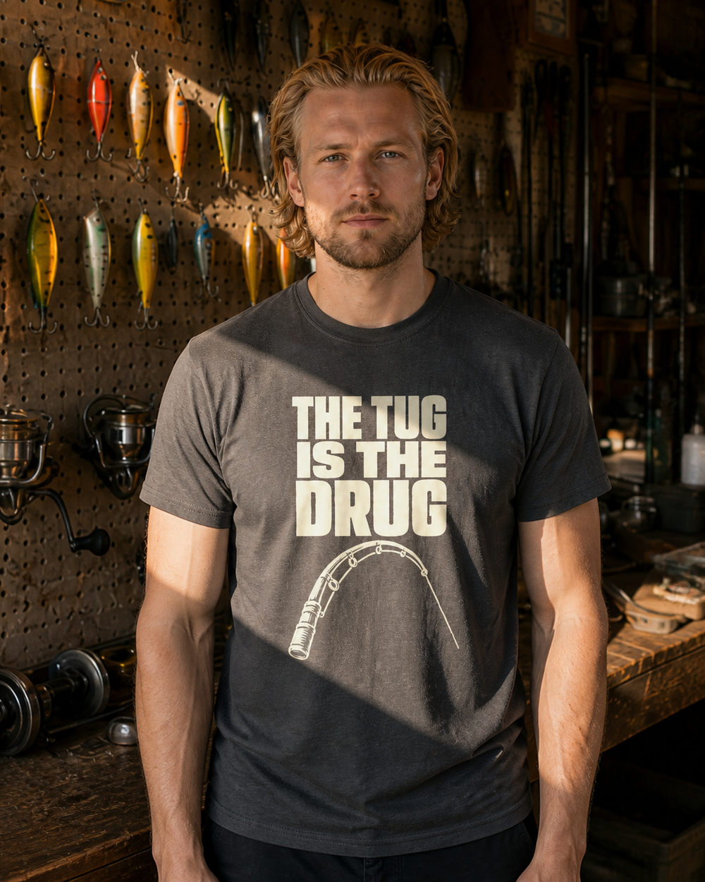 The Tug Is the Drug (Clean) tee — charcoal, worn, front