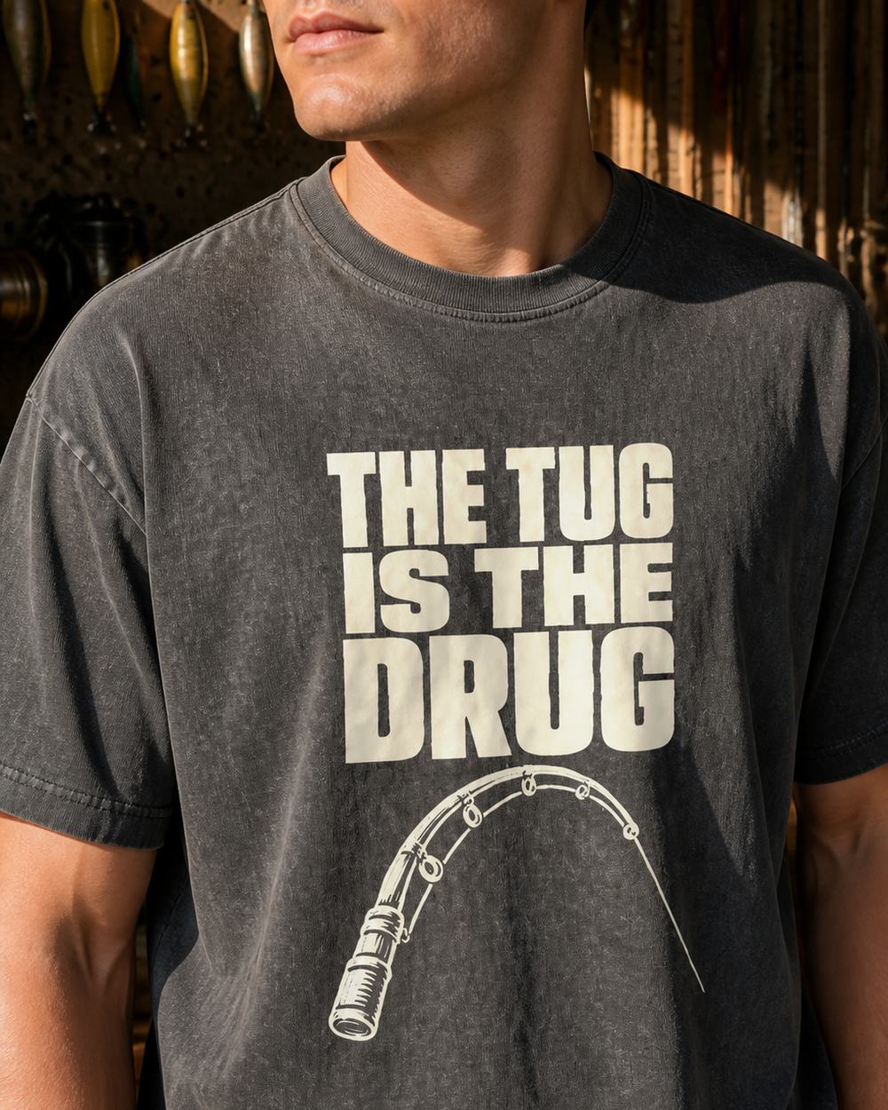 The Tug Is the Drug (Clean) washed tee — washed black, worn, side