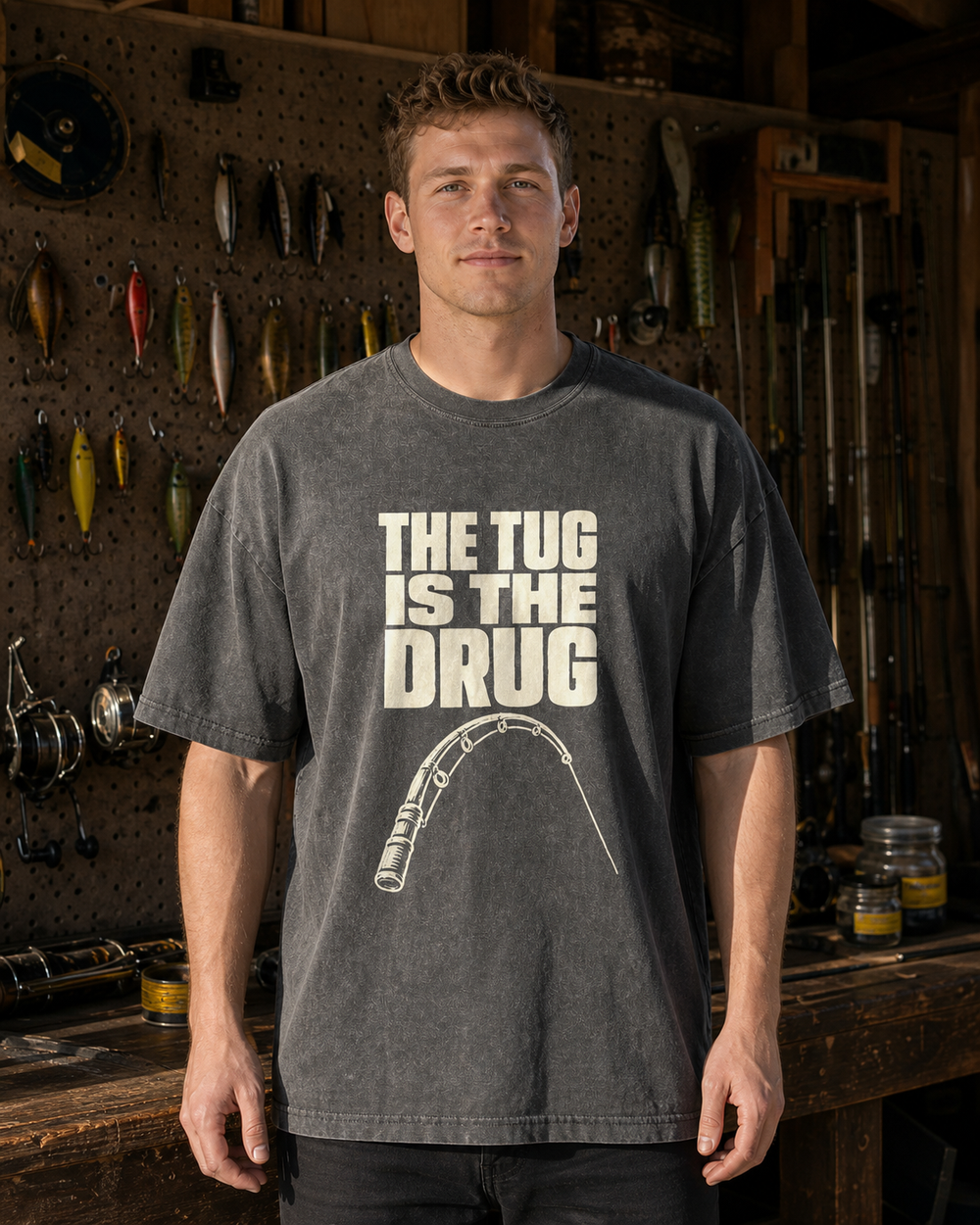 The Tug Is the Drug (Clean) washed tee — washed black, worn, front