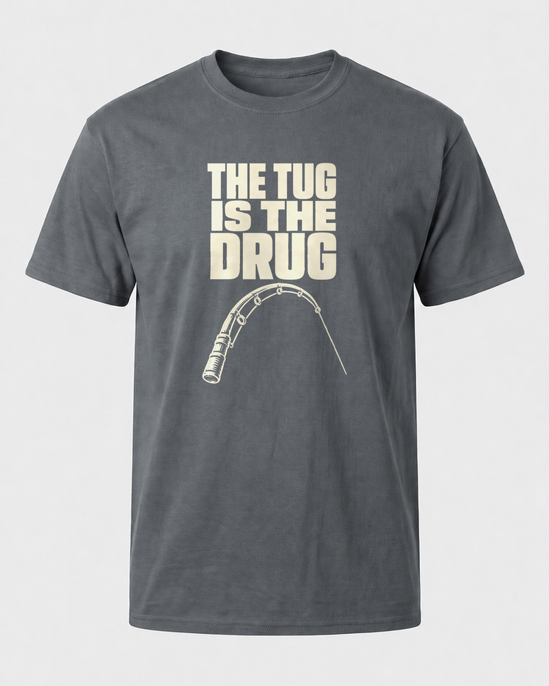 The Tug Is the Drug (Clean) tee — charcoal, front