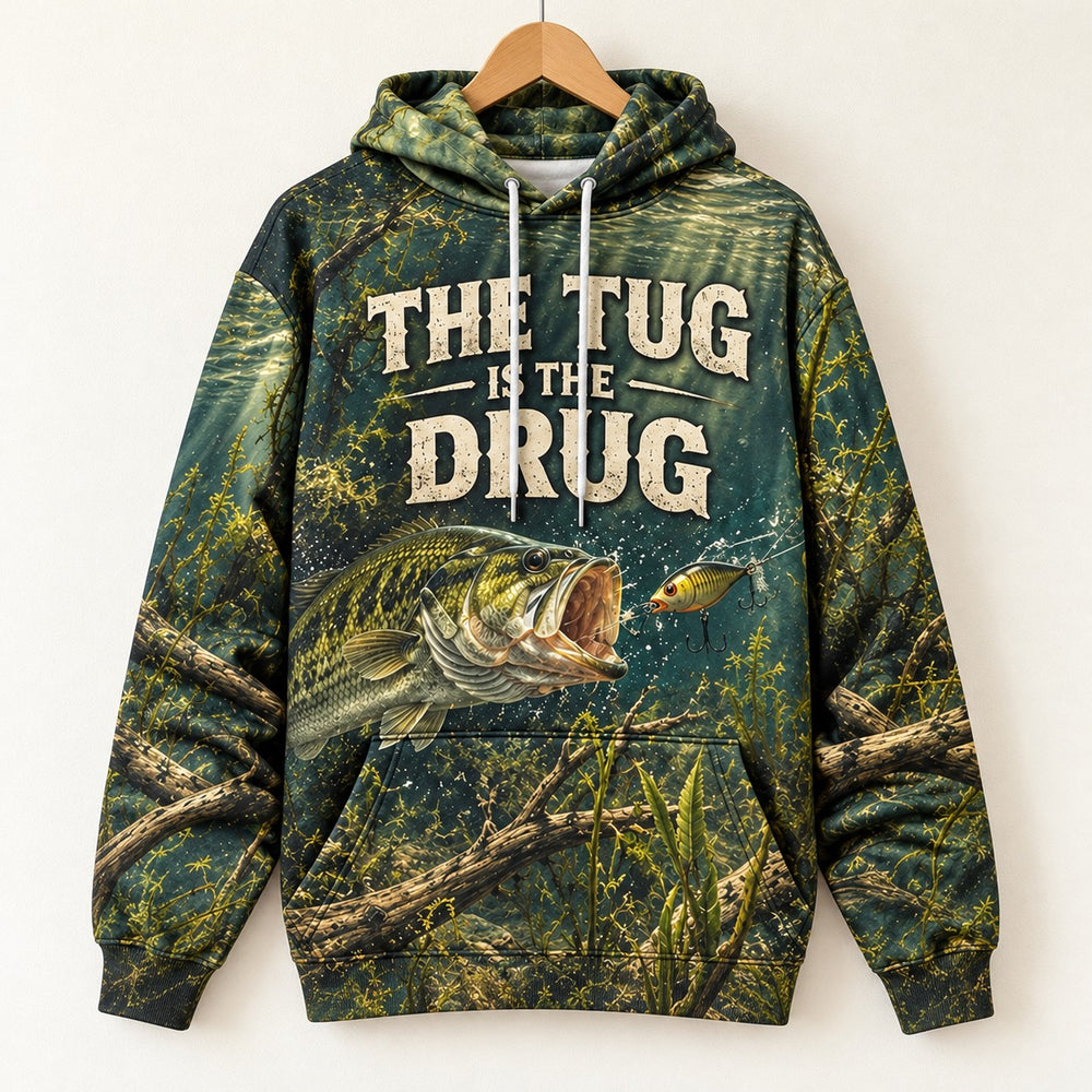 The Tug Is The Drug — Underwater Bass All-Over Print Hoodie on a hanger