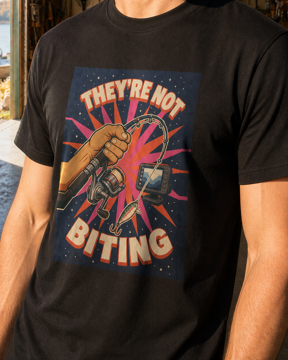 They'Re Not Biting tee — black, worn, side