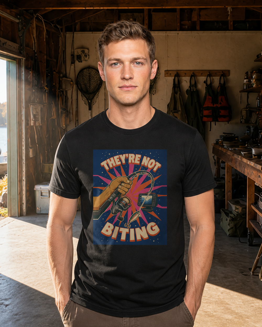 They'Re Not Biting tee — black, worn, front