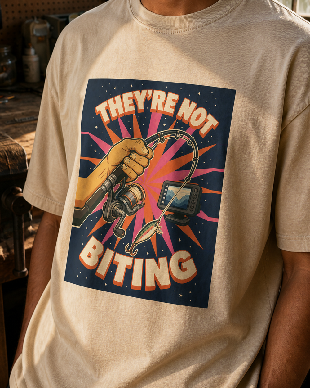 They'Re Not Biting washed tee — washed bone, worn, side