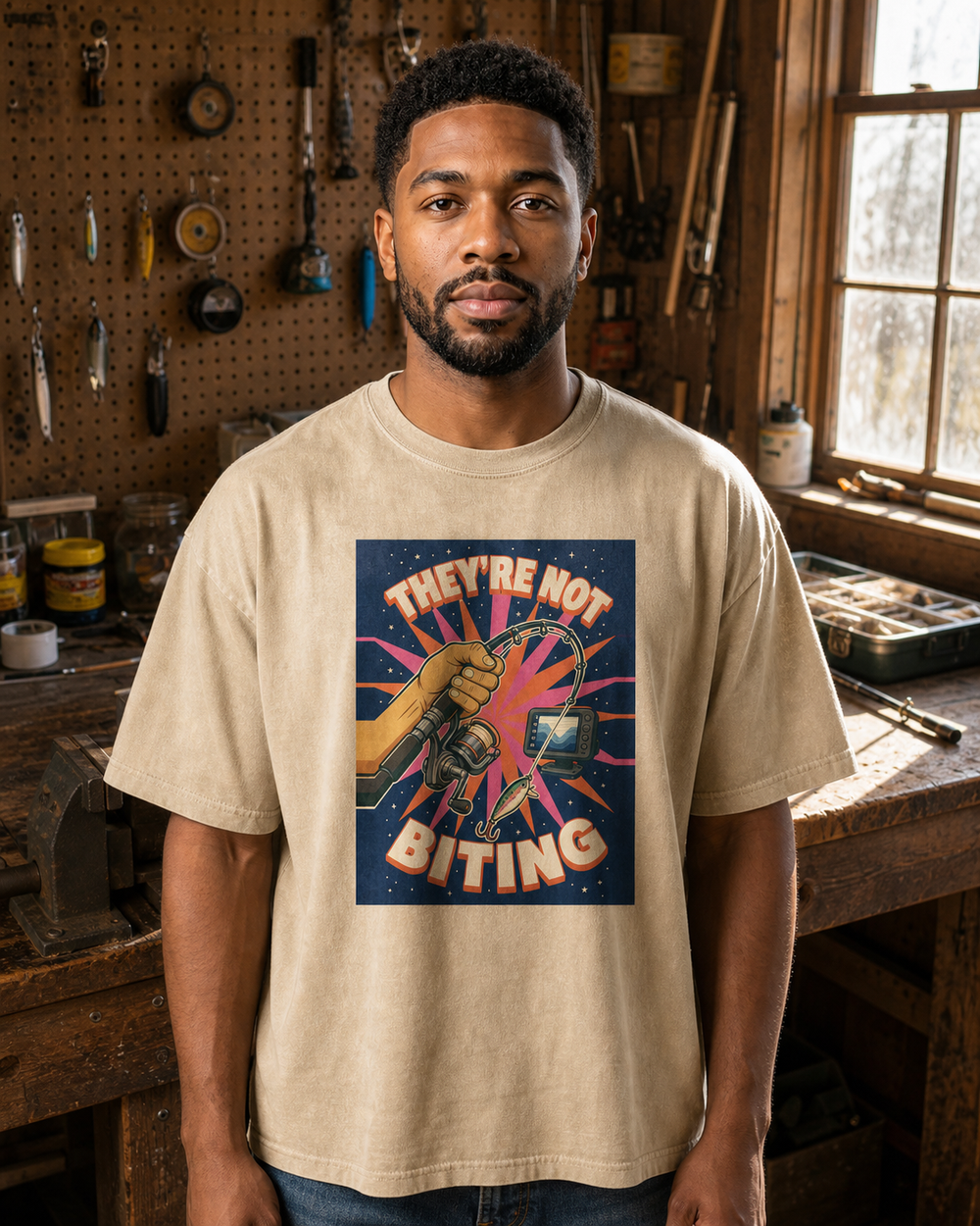 They'Re Not Biting washed tee — washed bone, worn, front