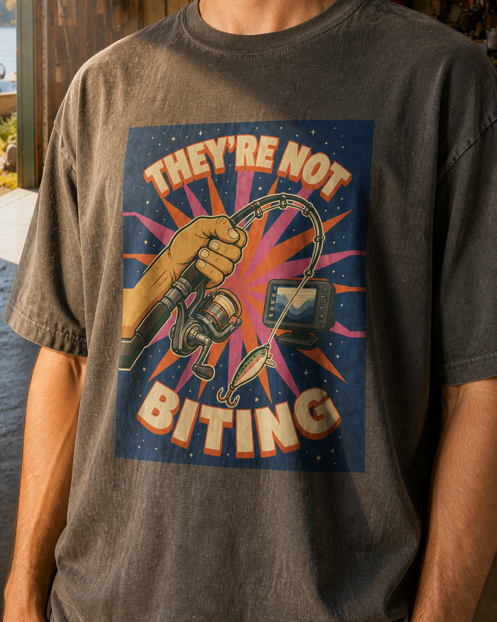 They'Re Not Biting washed tee — washed black, worn, side