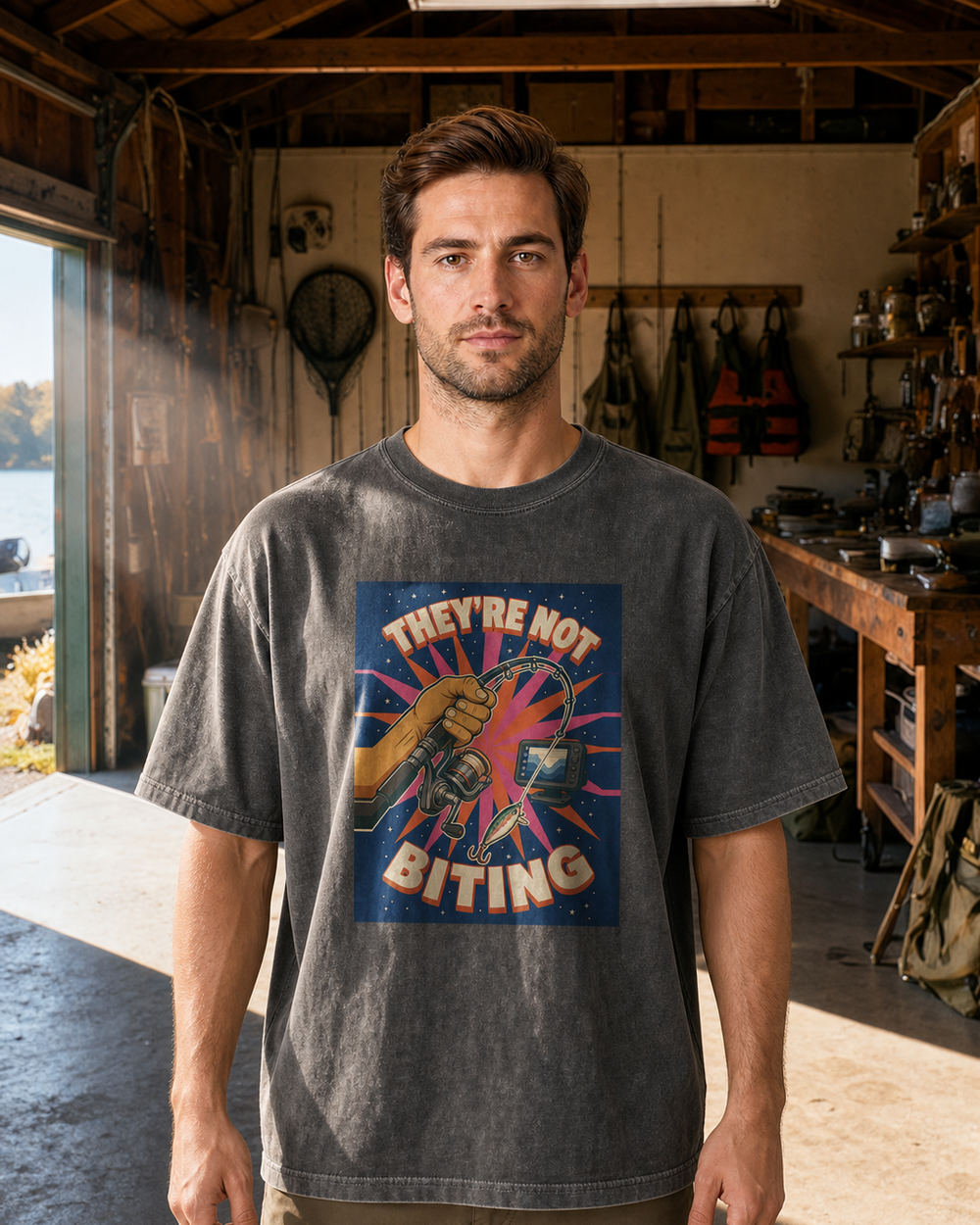 They'Re Not Biting washed tee — washed black, worn, front