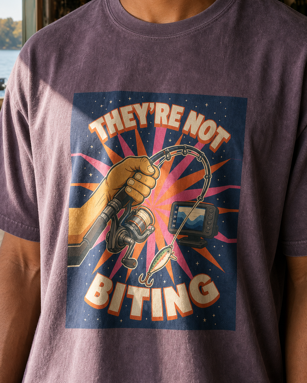 They'Re Not Biting washed tee — washed violet, worn, side