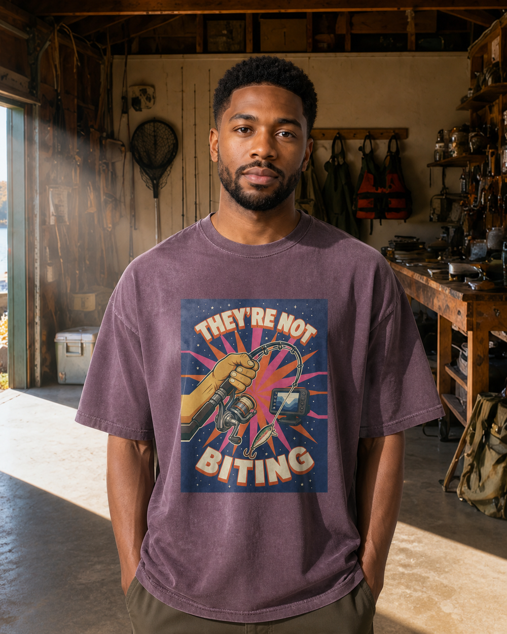 They'Re Not Biting washed tee — washed violet, worn, front