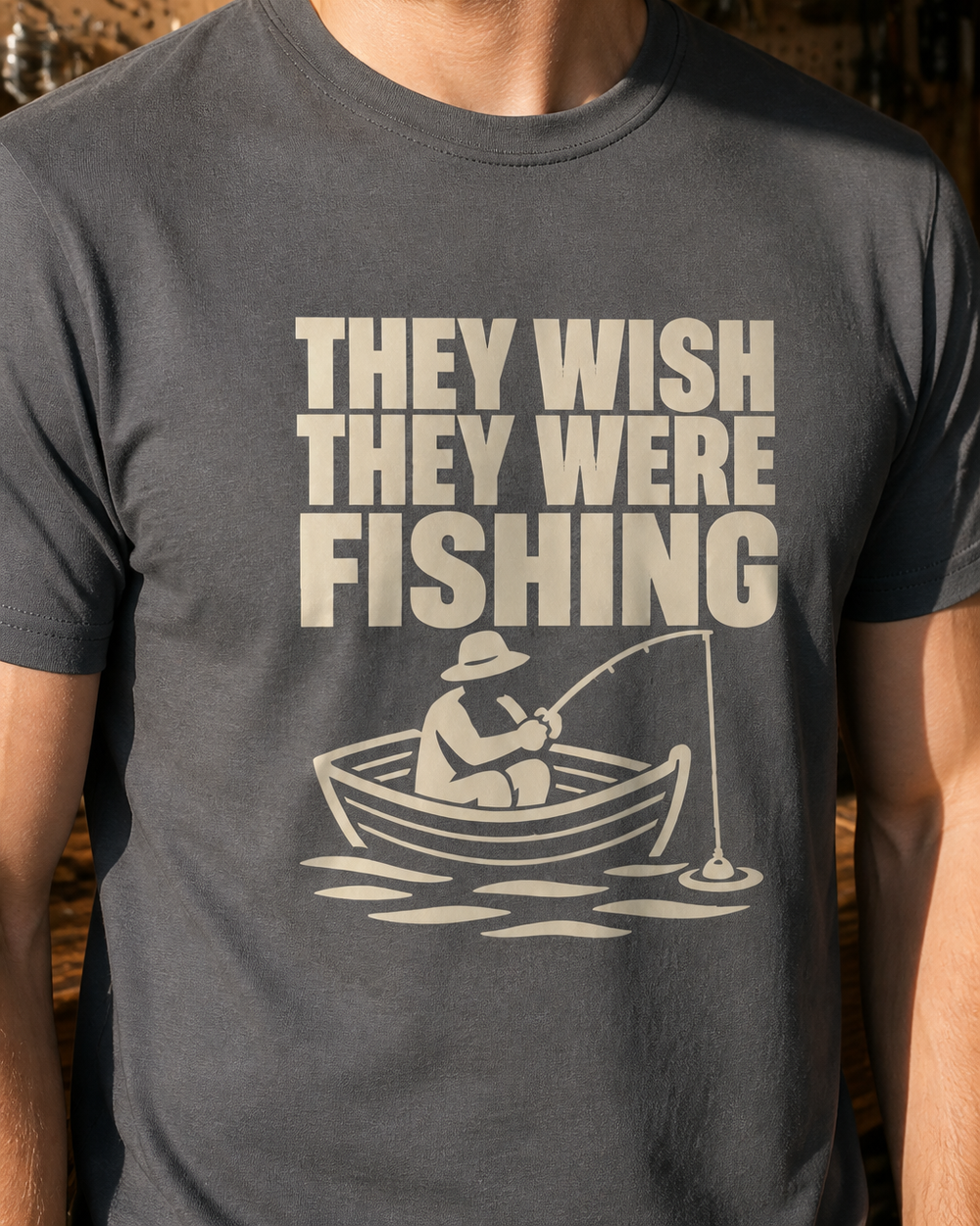 They Wish They Were Fishing tee — charcoal, worn, side