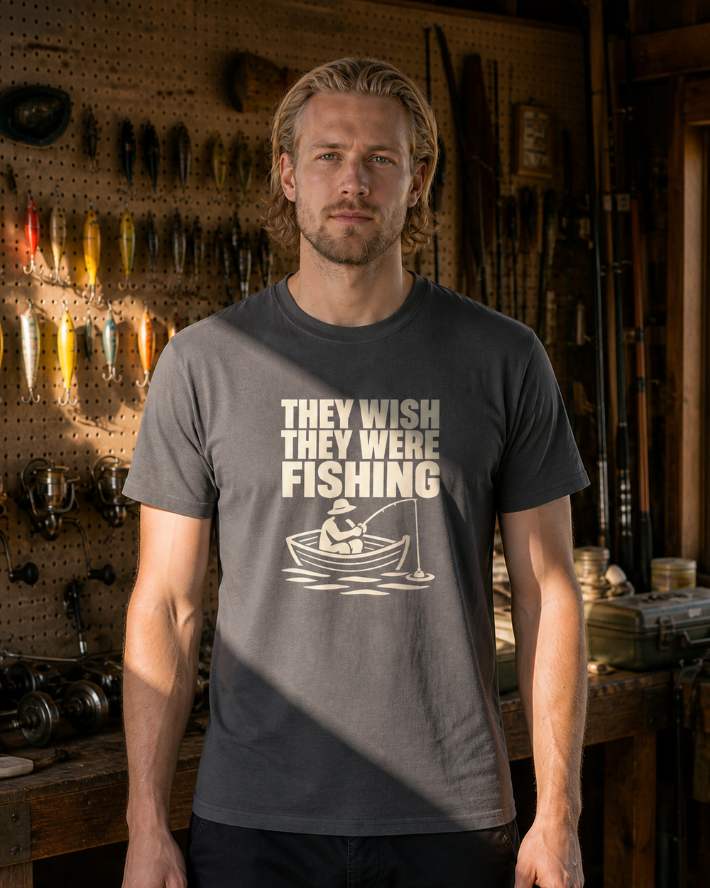 They Wish They Were Fishing tee — charcoal, worn, front