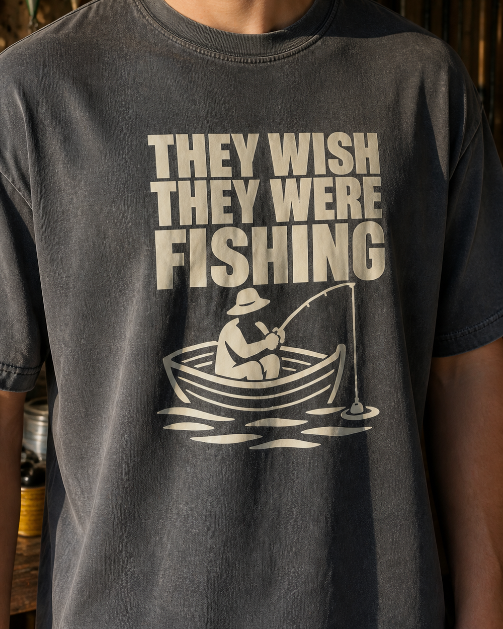 They Wish They Were Fishing washed tee — washed black, worn, side