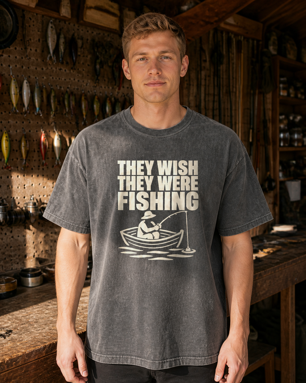 They Wish They Were Fishing washed tee — washed black, worn, front