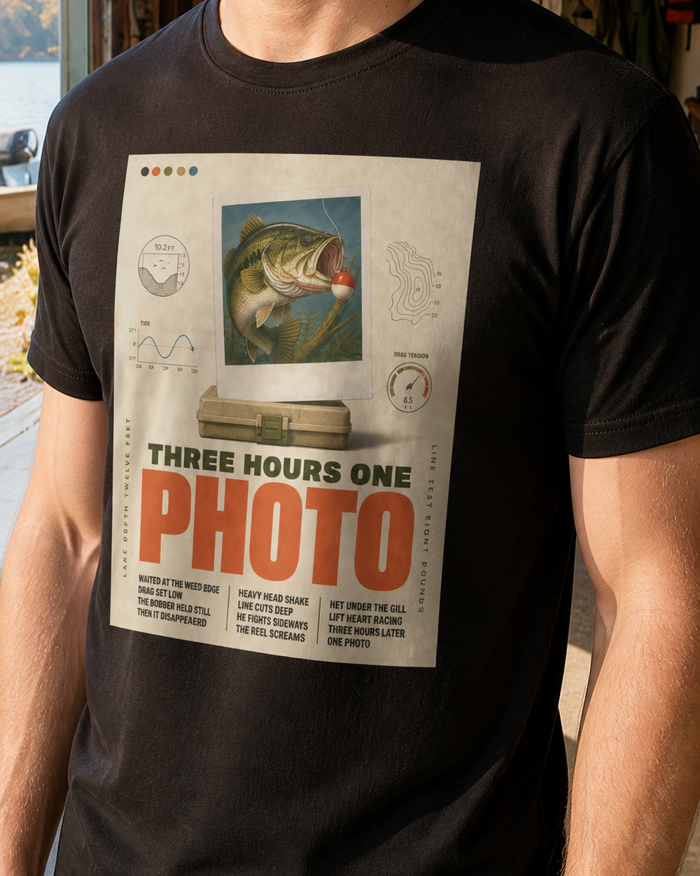 Three Hours One Photo tee — black, worn, side