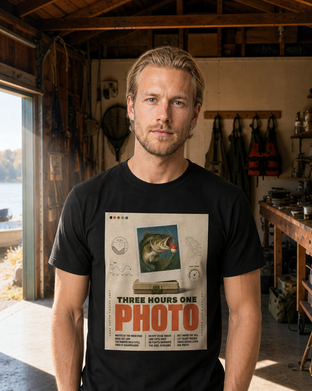 Three Hours One Photo tee — black, worn, front