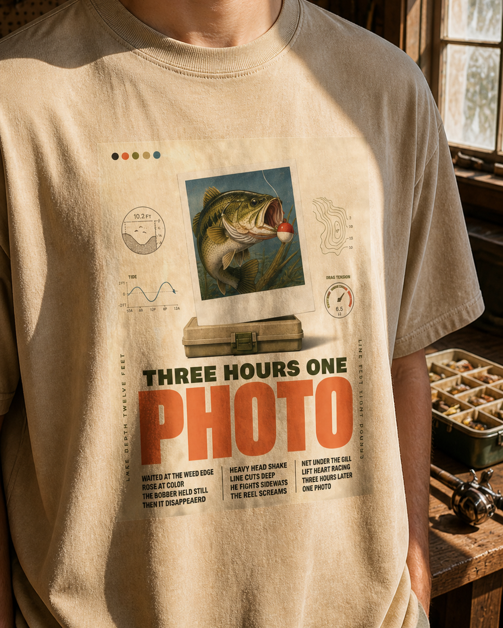 Three Hours One Photo washed tee — washed bone, worn, side