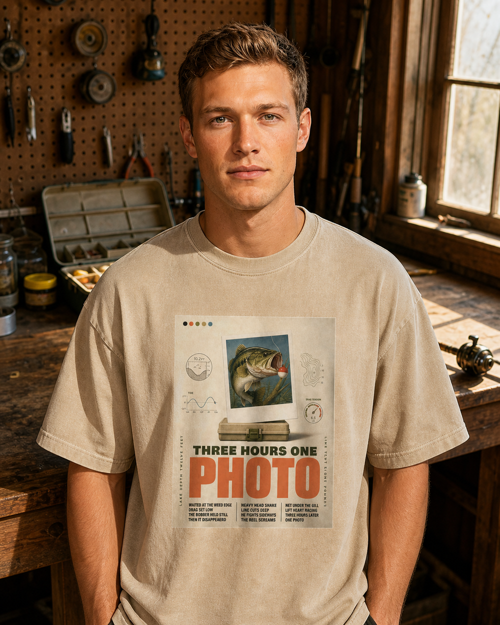 Three Hours One Photo washed tee — washed bone, worn, front