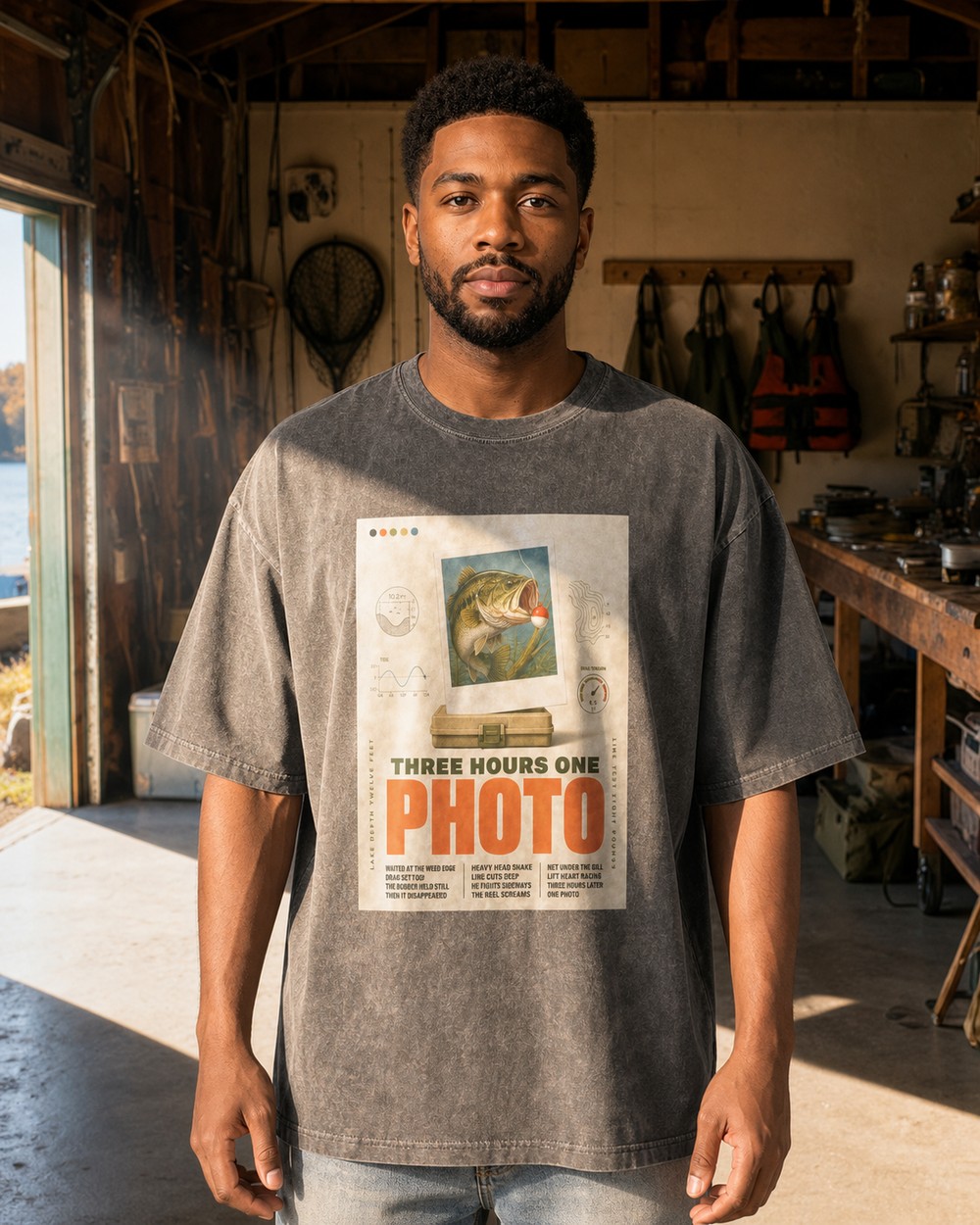 Three Hours One Photo washed tee — washed black, worn, front